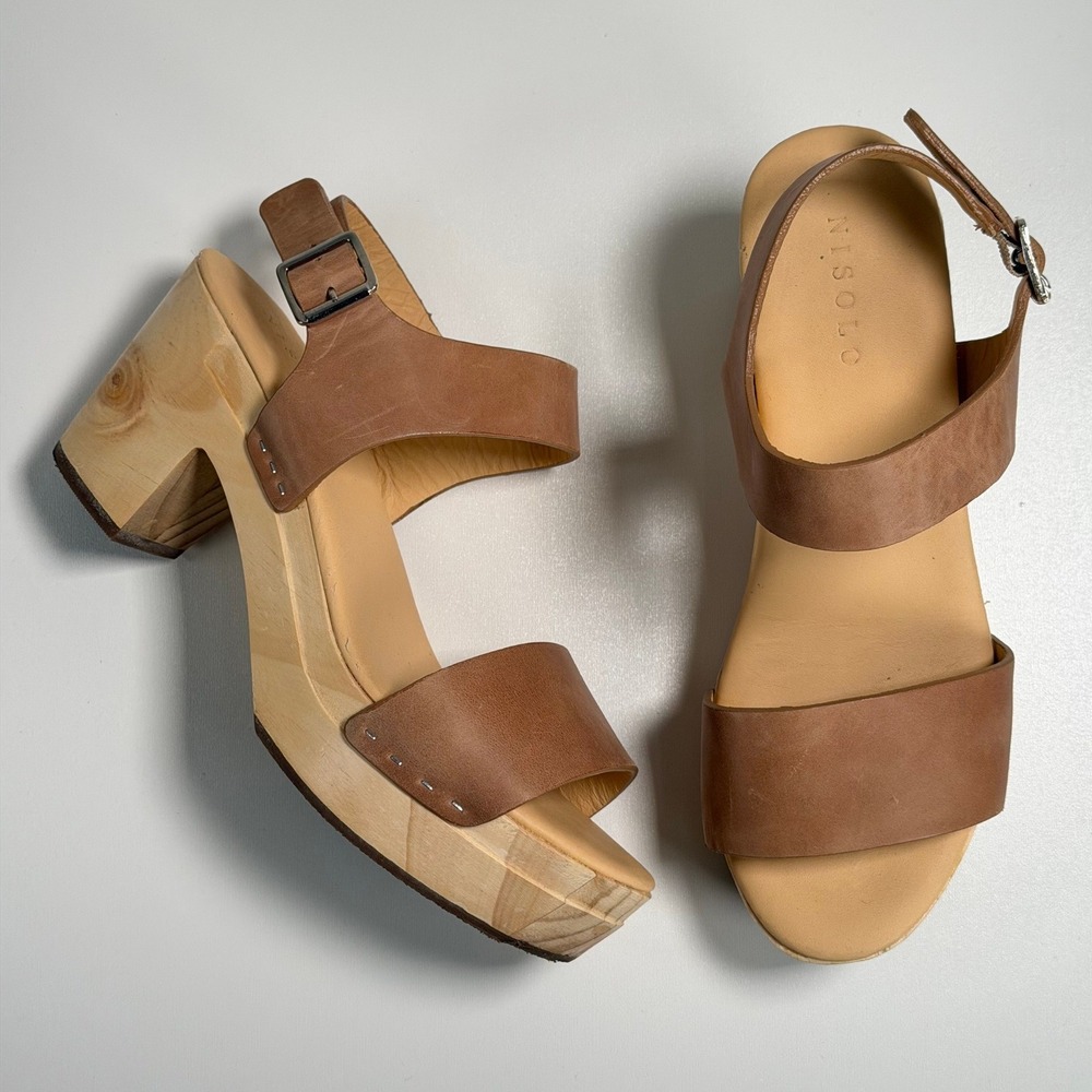 Nisolo All-Day Clog Sandal Womens 6.5 Almond Leather Wood Sole Platform Open Toe